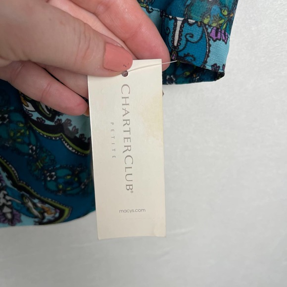 NWT Charter Club Teal V-Neck Button Up Tuxedo Pleated Blouse Tunic Large Petite - Picture 11 of 16